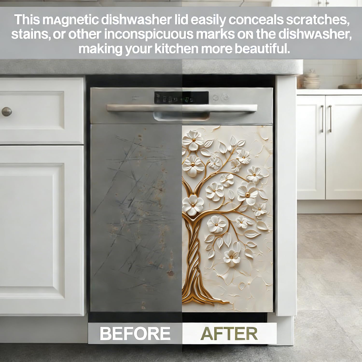 Floral Dishwasher Magnet Cover, Metallic Feel Refrigerator Door Panel, Cute Cat Refrigerator Home Appliance Magnet, Easy to Trimm, Sizes 23×25.5inches (Tree of Life-2)