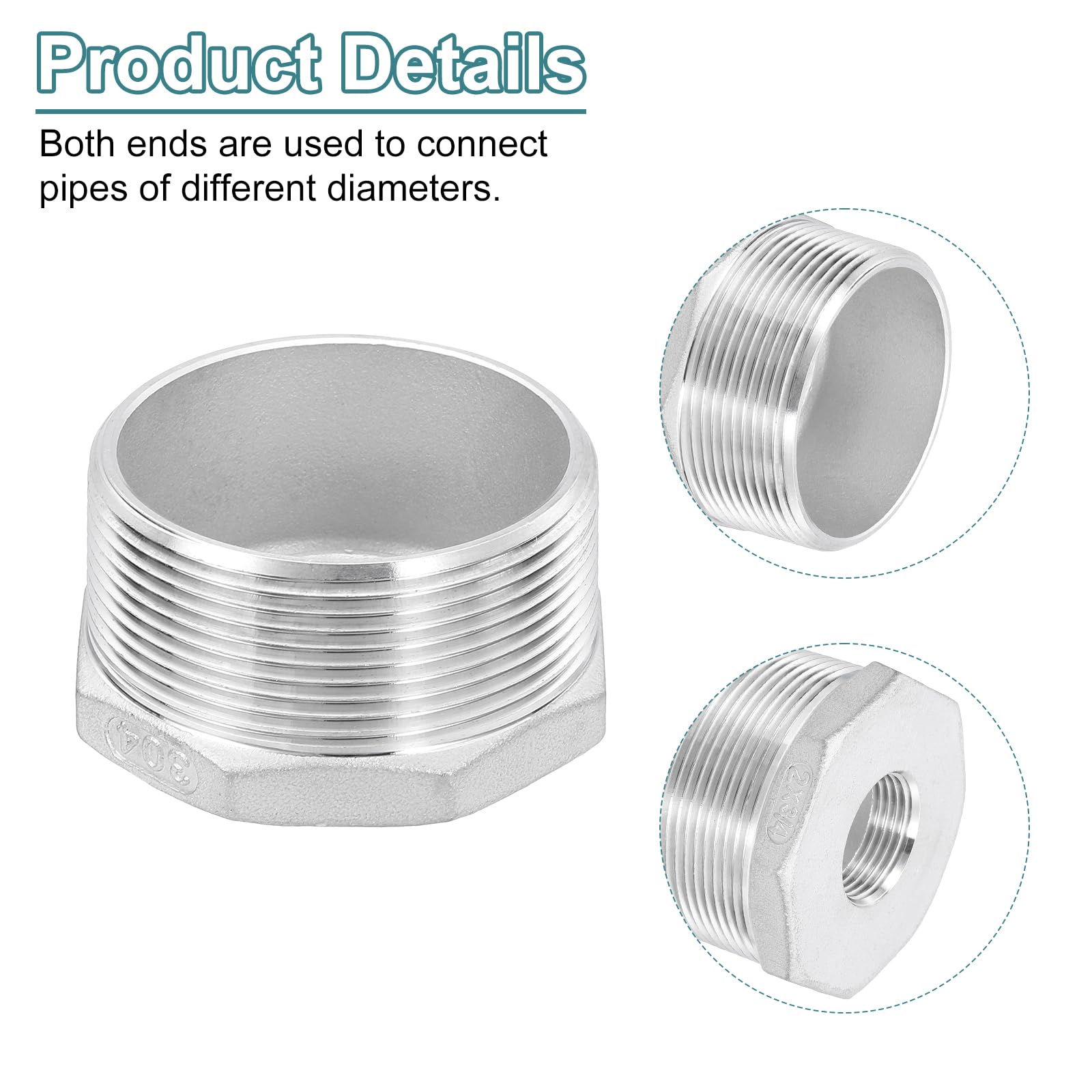 Uxcell 1Pack 1-1/2" Male NPT To 1/2" Female NPT 304 Stainless Steel Reducer Hex Bushing