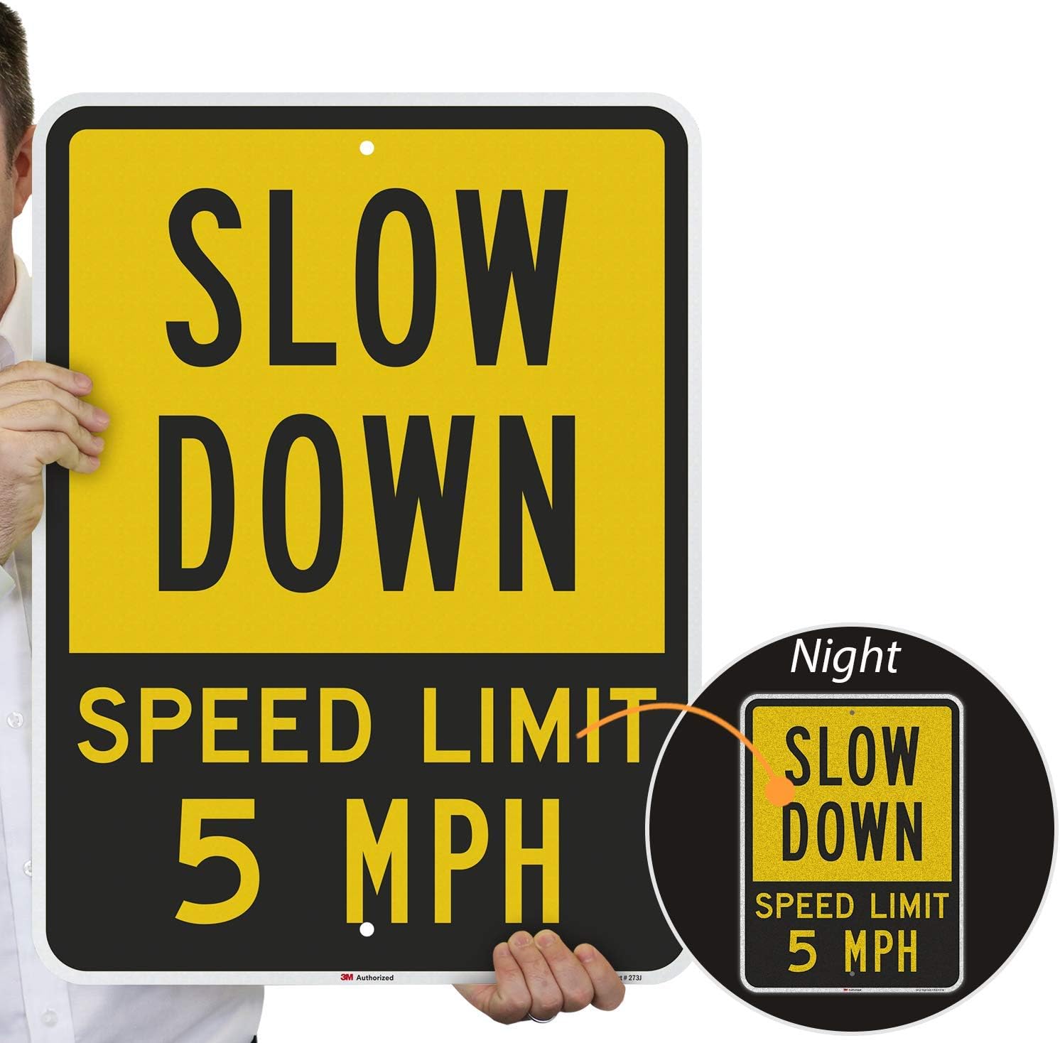 SmartSign 24 x 18 inch “Slow Down - Speed Limit 5 MPH” Metal Sign, 80 mil Aluminum, 3M Laminated Engineer Grade Reflective Material, Black and Yellow, Made in USA