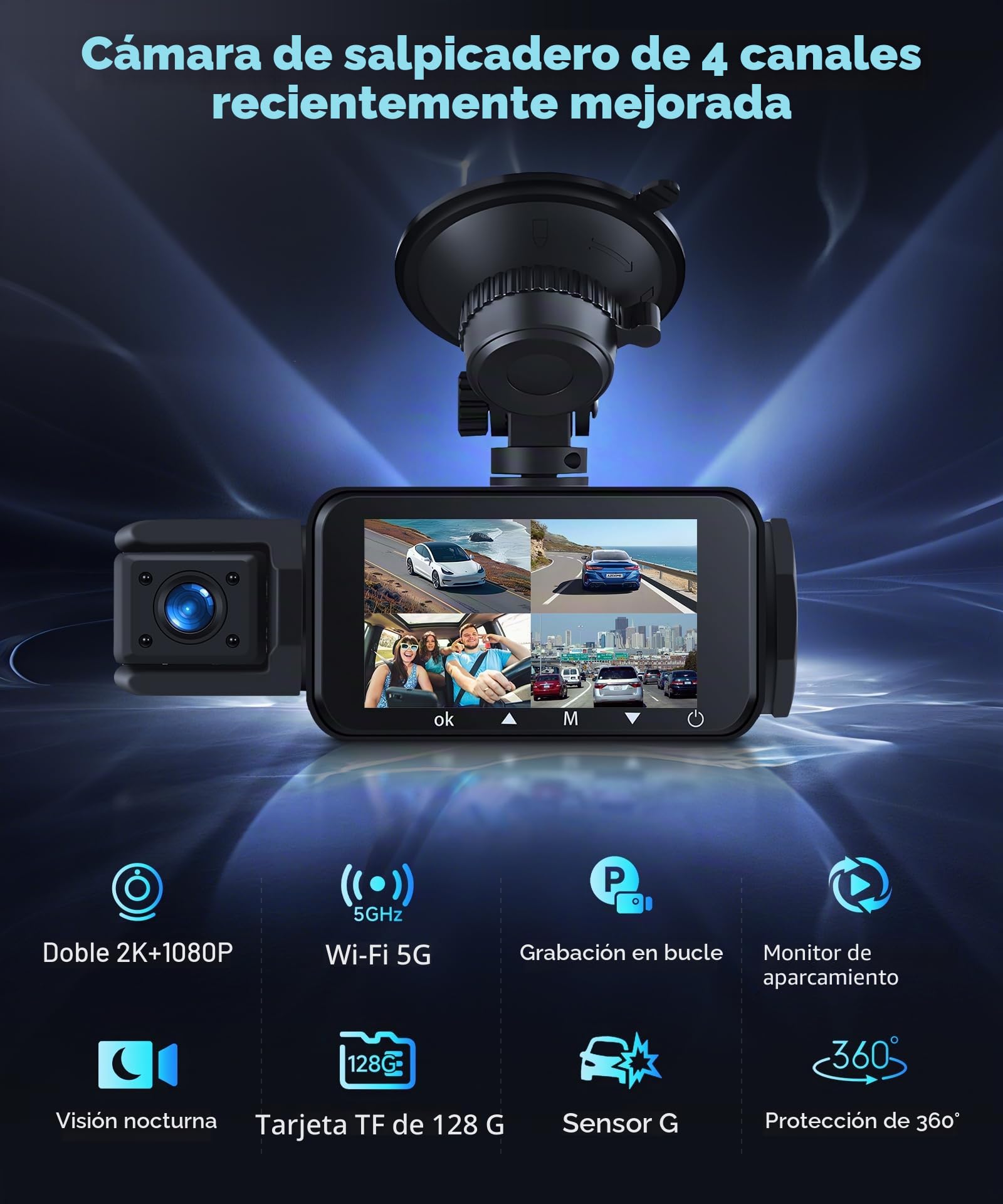 VECHTEL 2K Wi-Fi Dashcam Auto, Pantalla IPS de 3 Pulgadas Dash CAM Auto con Visión Nocturna, Tarjeta 128GB Gratis, G-Sensor, Modo Parking 24H, Grabación en Bucle, Asistente de Marcha Atrás