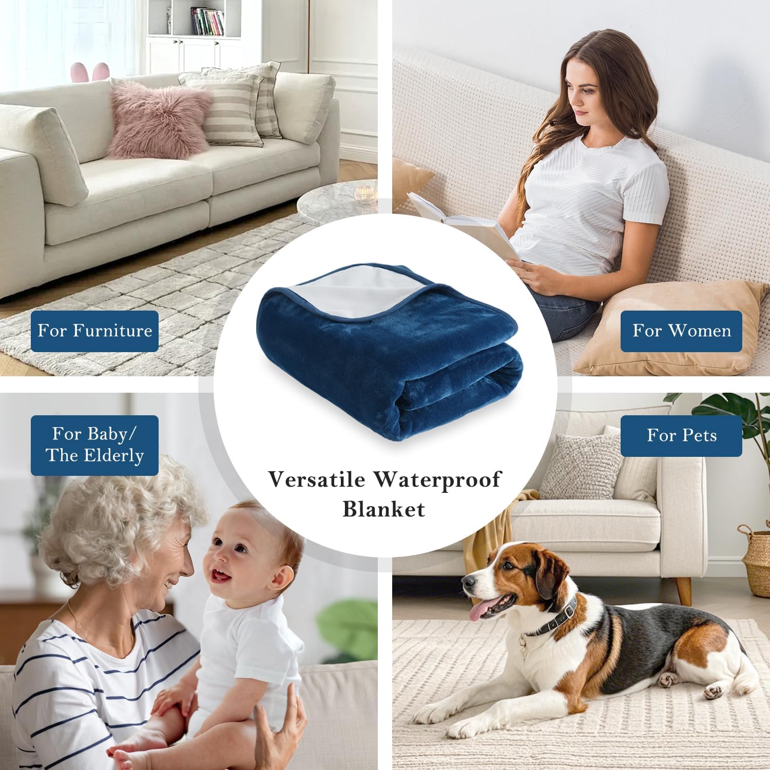 SOCHOW Waterproof Blanket for Bed Sofa Couch, Water Resistant Blanket Washable 80"x90", Reversible Leakproof Bed Cover for Adults Elderly Pets, Navy Blue & Light Grey - Image 3