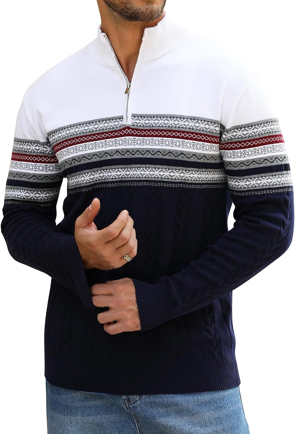 Men's Quarter-Zip Up Pullover Sweater Striped Slim Fit Sweater Casual Lightweight Warm Long Sleeve Mock Neck Sweater