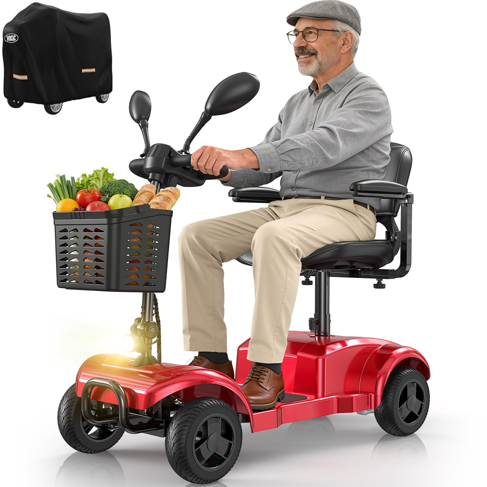 VOCIC Silla de ruedas eléctrica plegable 4 ruedas para mayores D42 | autonomía 20KM, silla de ruedas para personas mayores plegable con neumáticos a prueba de pinchazos para todo terreno, Rojo