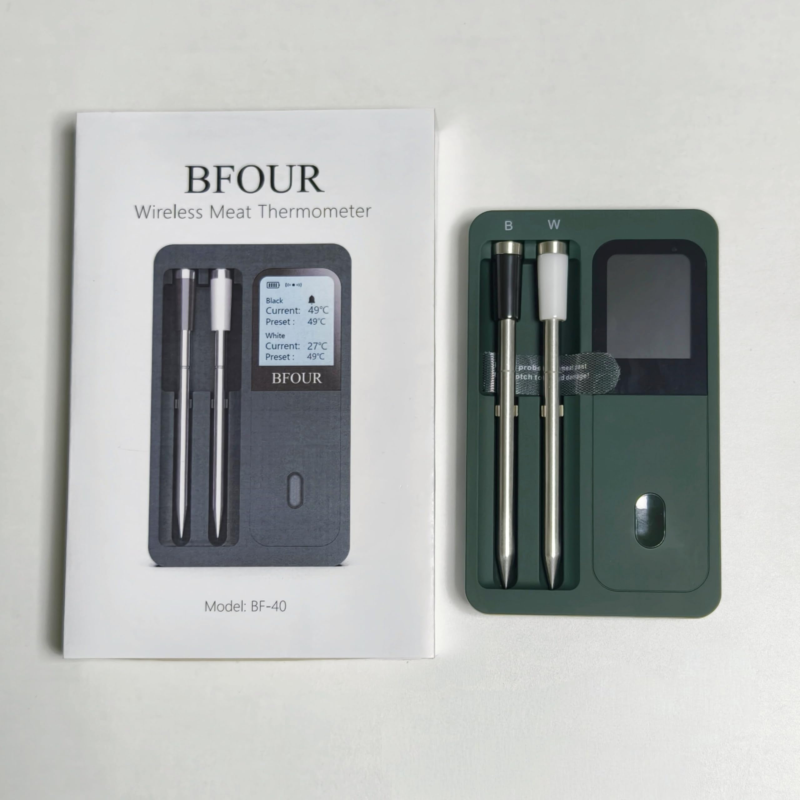 BFOUR Termometro per carne senza fili con 2 sonde (aggiornamento), termometro Bluetooth con grande display LCD, controllo app, termometro intelligente per barbecue, forno e barbecue