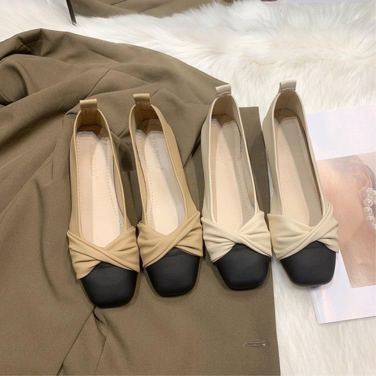 SMYDM Mary Jane - Ballerine da donna con tacco basso, in pelle PU, tacco basso, ballerine a punta, con fiocco, beige kaki