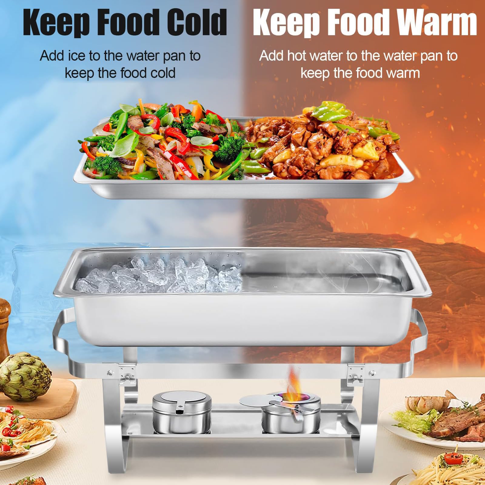 Juego de Buffet con Fiambrera de Acero Inoxidable de 11L, Contenedor para Calentar Agua y Comida con Cuenco, Tapa y Estufa de Alcohol, para Uso en Buffet, Banquete, Boda, Cena y Fi 2-Compartment, 11L