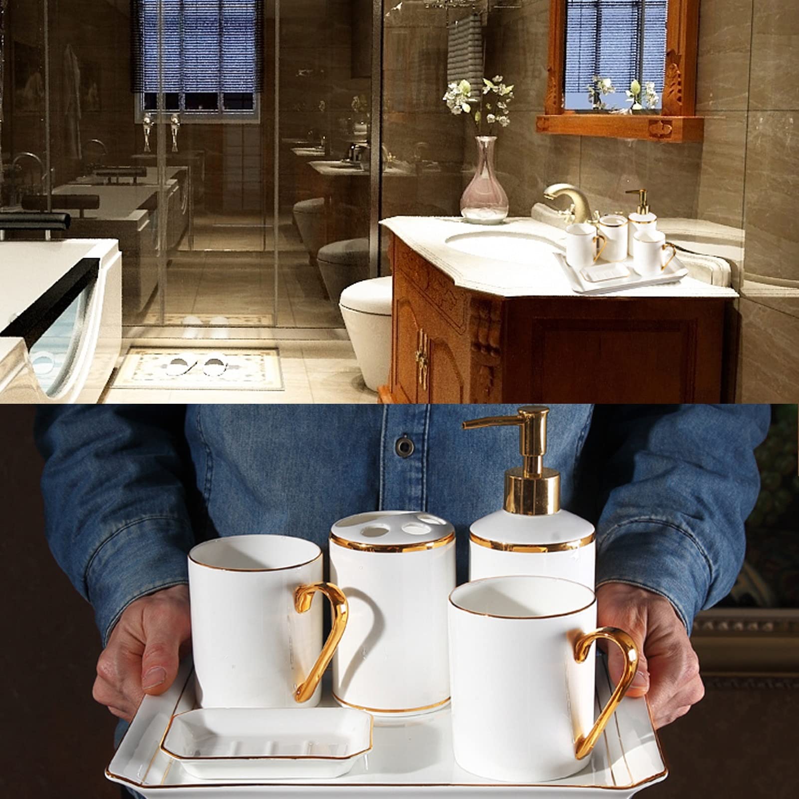 Zestaw akcesoriów łazienkowych z tacą ceramiczną Klasyczny złoty brzeg Porcelana kostna Łazienka 6-częściowy zestaw przyborów toaletowych Zestaw wyposażenia łazienki Kubek toaletowy do płukania ust