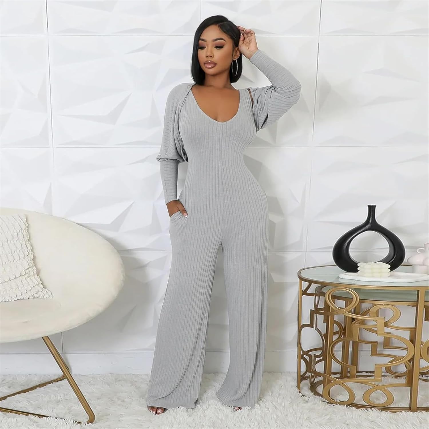 Women's Casual 2 Piece Outfits Ribbed Knitted Batwing Long Sleeve Cardigan Tank Wide Leg Jumpsuits Sets With Pocket - Image 2