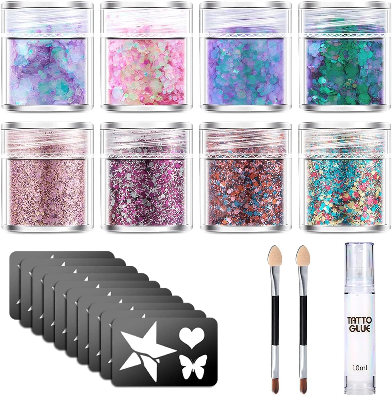 JCD Glitter Tattoo Kit Waterproof Body Glitter Tattoos 'Tattoo Glue + Glitter(8 Colors) + Tattoo Stickers(11 Random Patterns), 3-in-One Set, with 2 Brushes