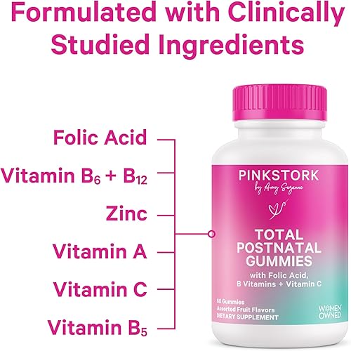 Miniatura 2 de Pink Stork Gomitas posnatales totales: vitaminas diarias posparto + lactancia materna, nutrientes esenciales para mamá + bebé, vitaminas prenatales