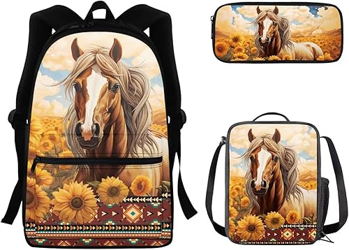 doginthehole 3 piezas de mochilas escolares para niños, conjunto de mochila de viaje casual, Girasol de caballo azteca, Viajes