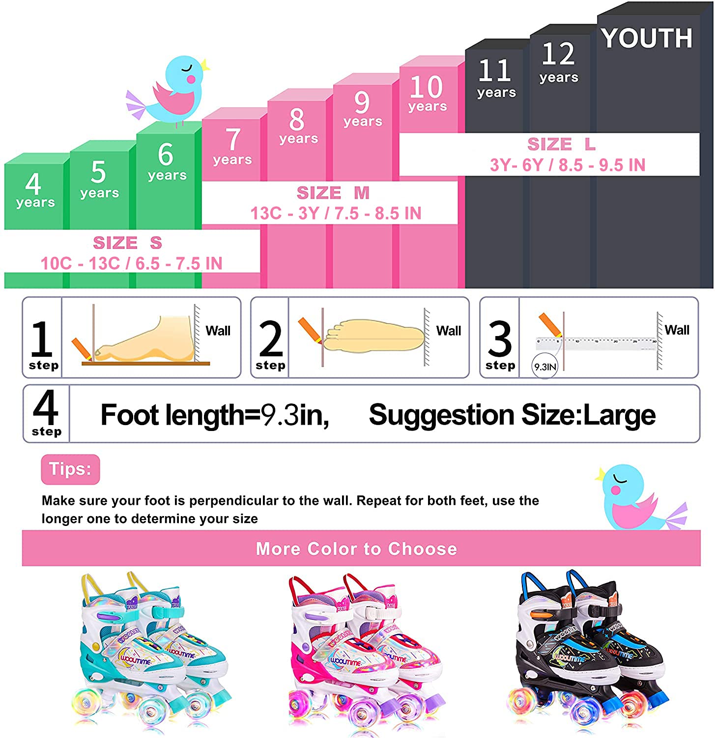 Woolitime Adjustable Roller Skates for Girls and Boys, 4 Size