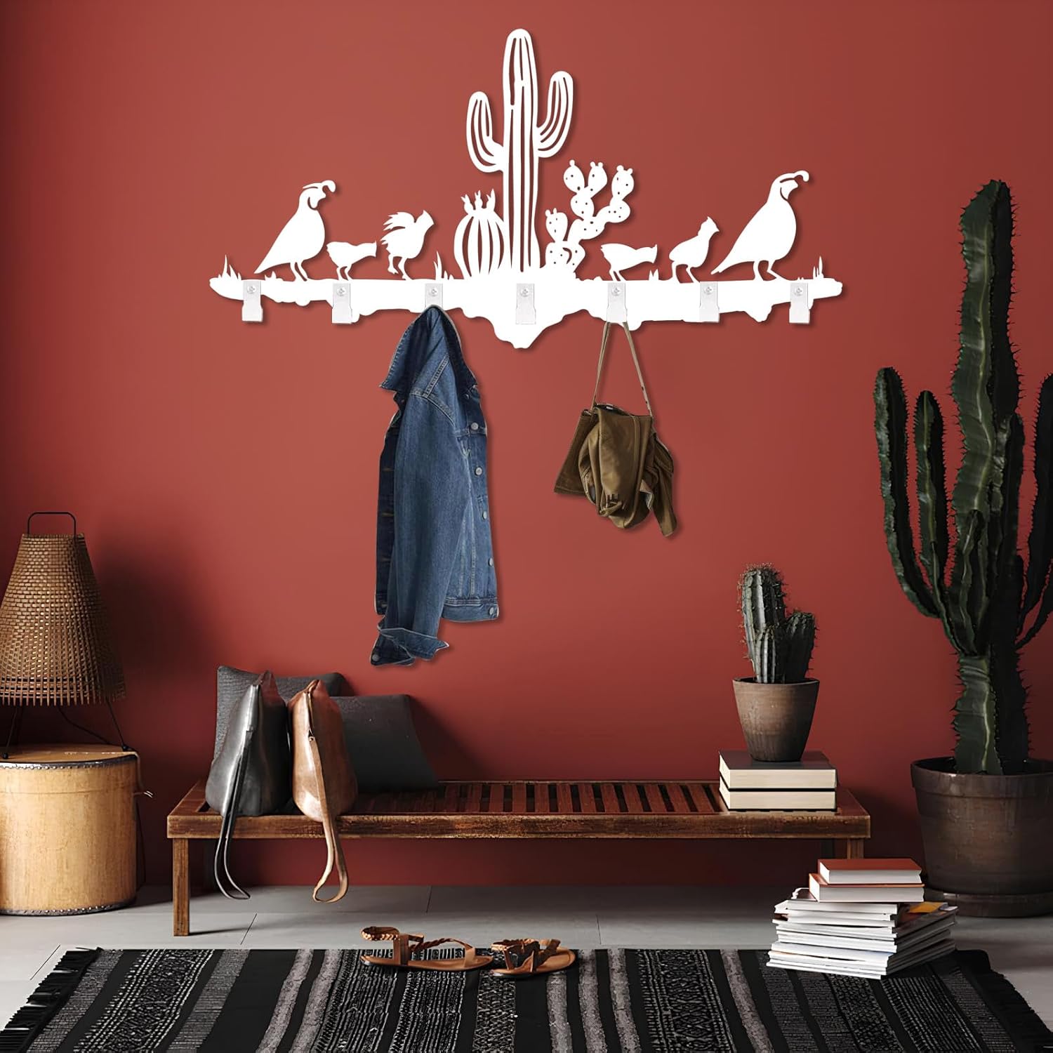 Southwest Sonoran Desert Coat Rack, Southwestern Desert Scene Wall Art, Western Cactus Coat Rack, Quail Family in Desert Flat Wall Mount, Hat Hanger for Entryway (Black, 18"x35"|45x90cm)