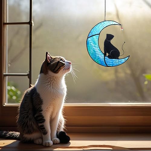 Miniatura 2 de HDCRYSTALGIFTS Gato negro para colgar en la ventana, diseño de gato sentado en luna azul, para decoración de pared de ventana, regalos para