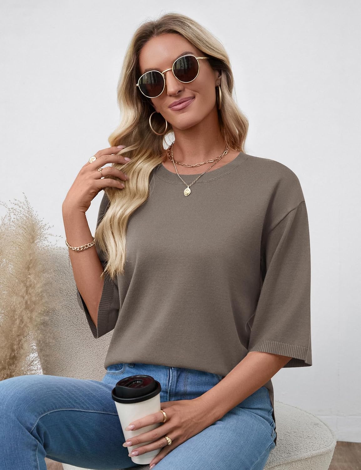 Lomon Womens Sweaters Dressy Casual 3/4 Length Sleeve Sweater Crewneck Lightweight Knit Tops Loose fit - Image 4