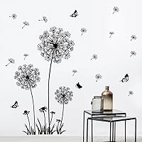Vista 10 de Juego de 2 calcomanías de pared de flores silvestres de diente de león, calcomanías de arte para pared, diseño de mariposas florales, decoración