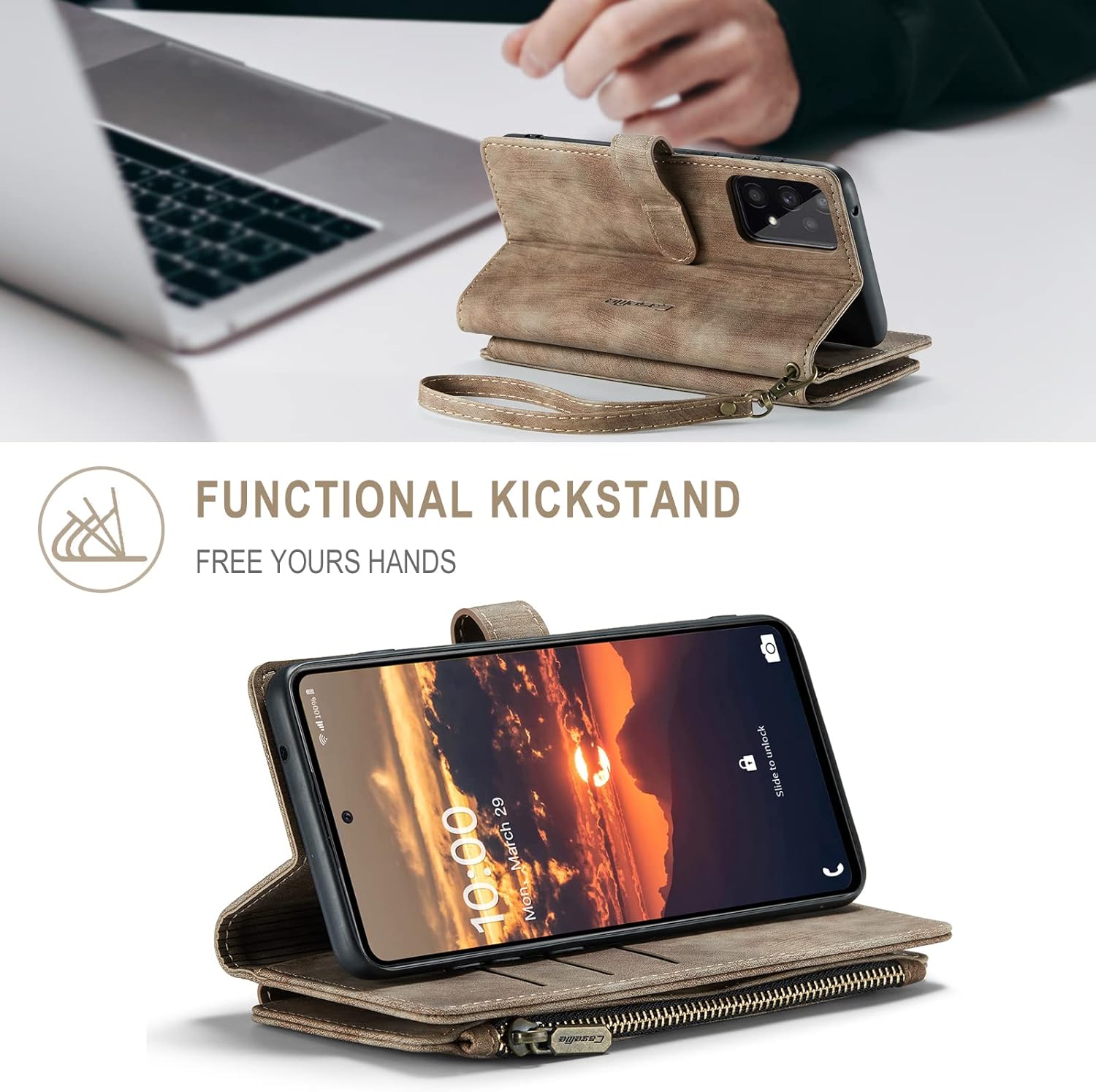 Compatible with Samsung Galaxy A53 Wallet Case with Card Holder Kickstand Magnetic Zipper Folio Lanyard Strap Wristlet,Flip Case Wallet for Galaxy A53 5G 6.5 Inch -Brown