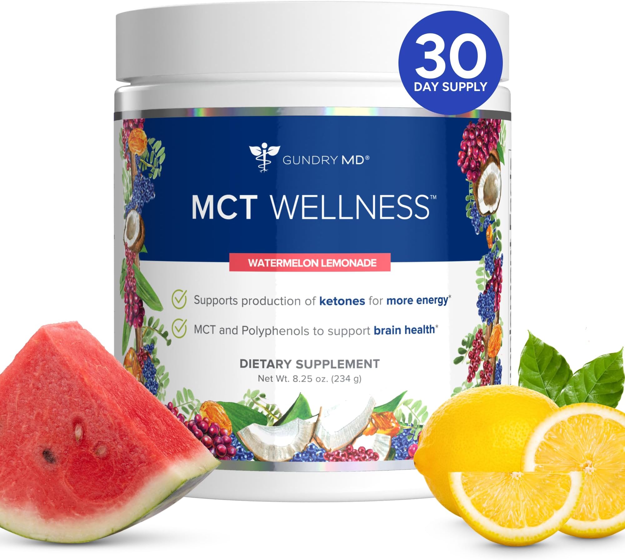 MCT Wellness Powder to Support Energy, Ketone Production and Brain Health, Keto Friendly, Sugar Free (30 Day Supply, Watermelon Lemonade)