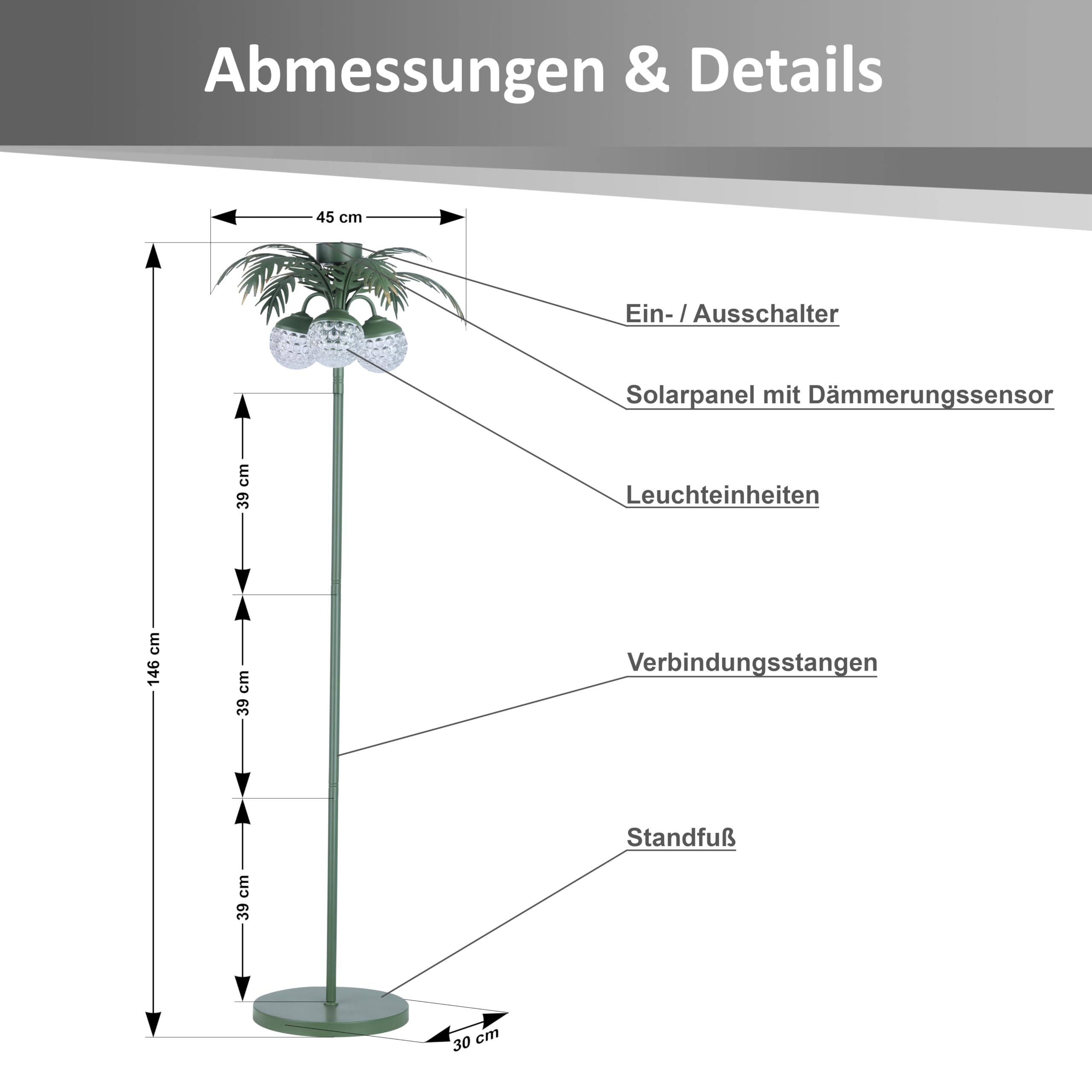 LED Solar Palme Stehleuchte Outdoor LED Gartenlampe mit Dämmerungssensor warmweiß 3000K IP44 wetterfest Balkon Terrasse Garten Solarleuchte mit Akku Metall
