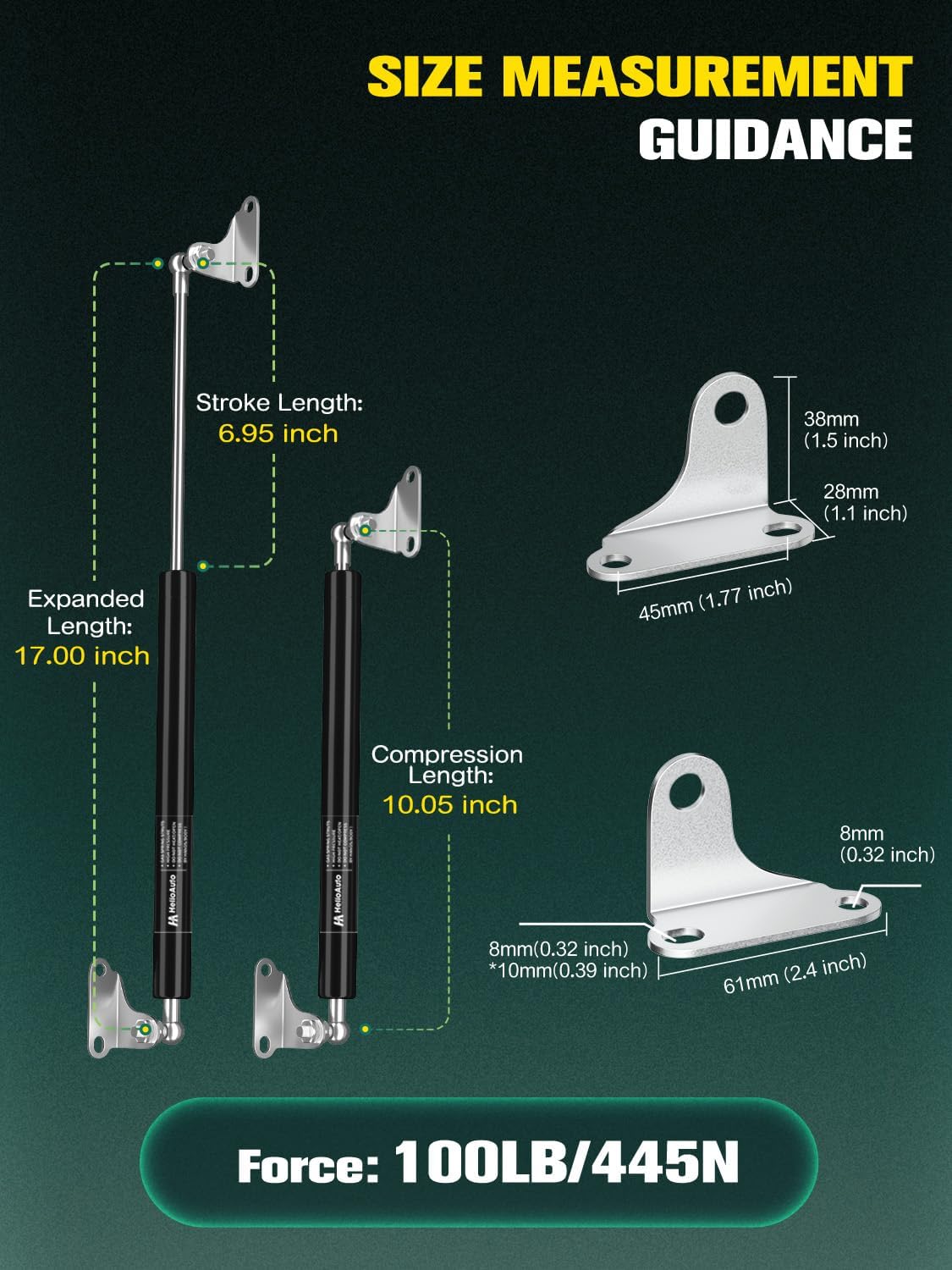 HelloAuto 17 inch 100 lbs/445 N Gas Shocks for Toy Box Lid, Gas Strut for RV Bed Heavy Duty Lid Floor Hatch Door Toy Box Toolbox Cabinet Door with L-Type Mounts (fit 80-110 Lb)
