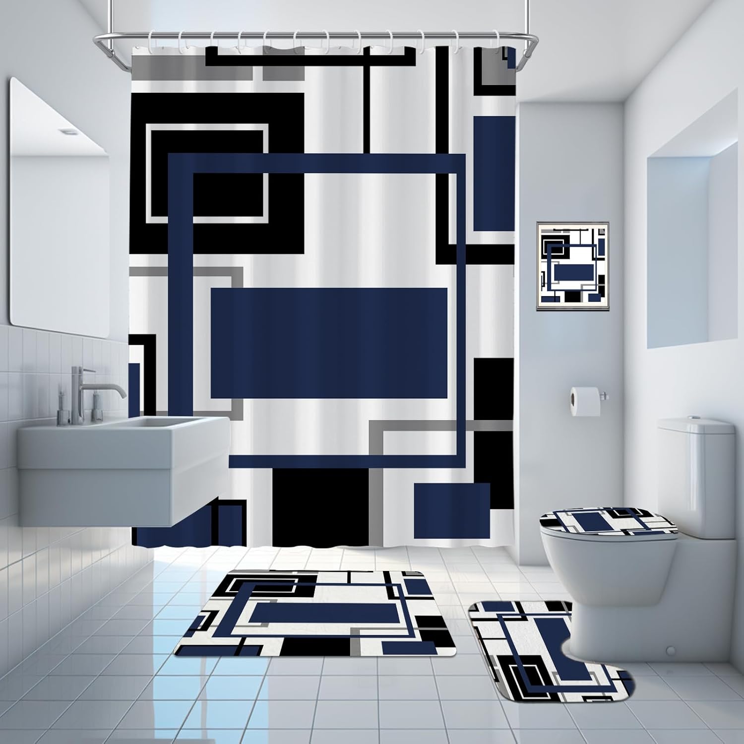 Onalasyc 4Pcs Blue Geometric Shower Curtain with Rugs Set Waterproof Blue Bathroom Sets with Shower Curtain and Rugs Abstract Geometric Modern Bathroom Curtains Shower Set with 12 pcs Hooks