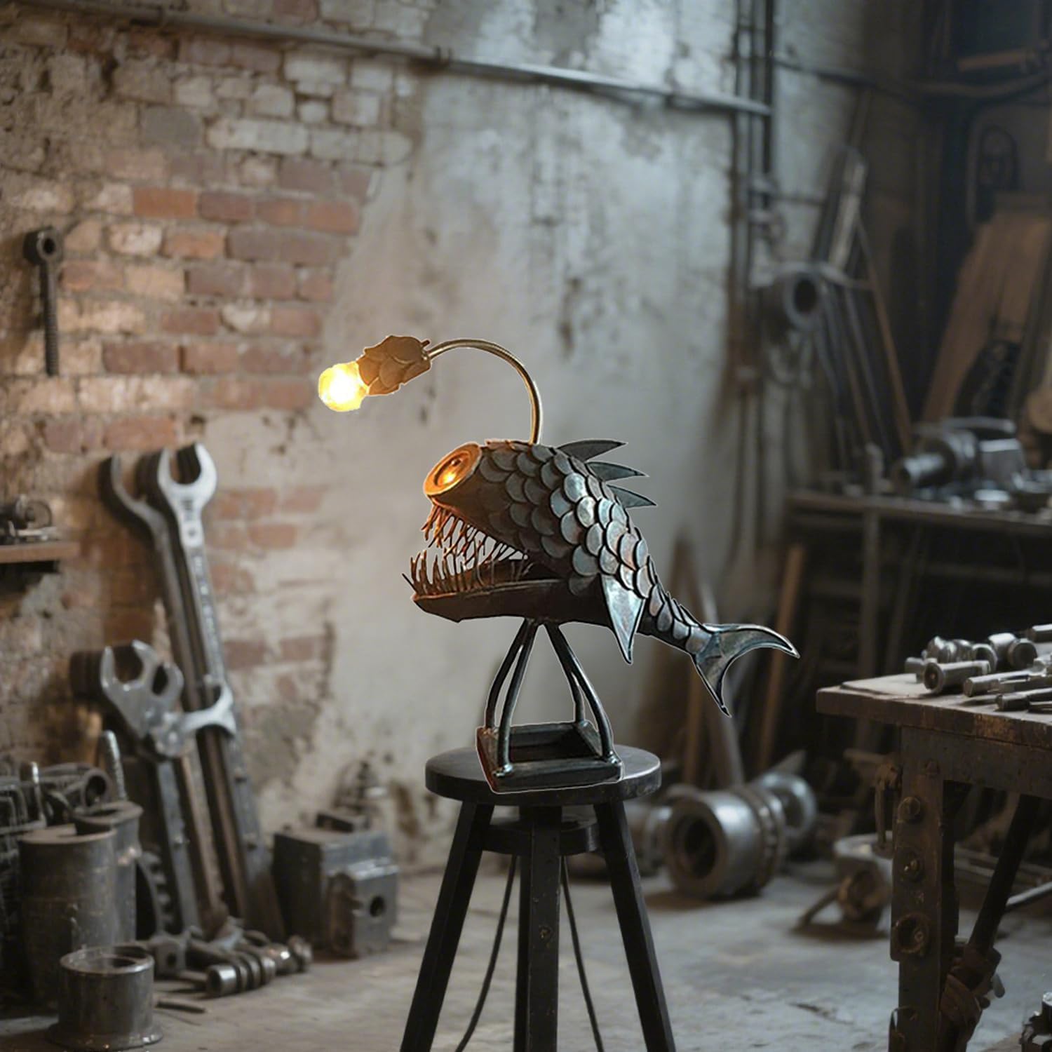 Steampunk Angler Light - Vintage Iron Handmade LED Night Light, Desktop Ornament for Bedroom, Fish Collecting Decor, Creative Silicone Animal Art