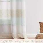 Central Park Tan and Spa Blue Stripe Sheer Color Block Window Curtain Panel Linen Window Treatment for Bedroom Living Room Farmhouse 63 inches Long with Grommets, 2 Panel Rustic Drapes