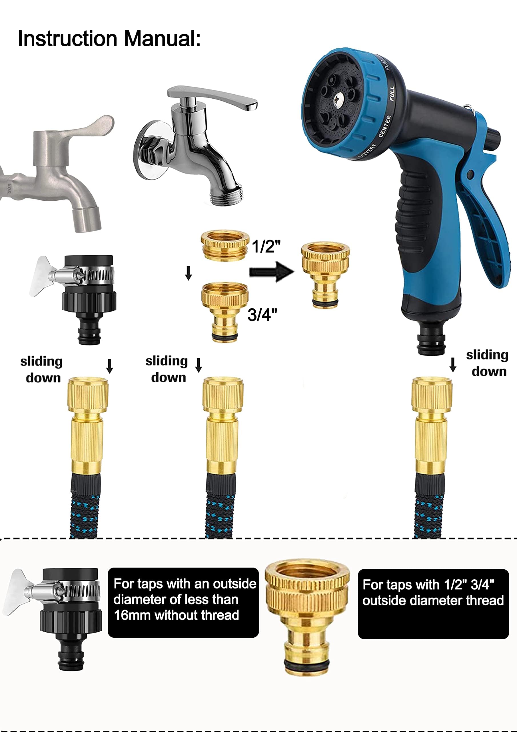 Tubo da giardino retrattile da 30 m con raccordo da 3/4", 1/2 e adattatore universale da 16 mm, tubo da giardino con 10 modelli di pistole a spruzzo d'acqua per giardini, irrigazione giardino