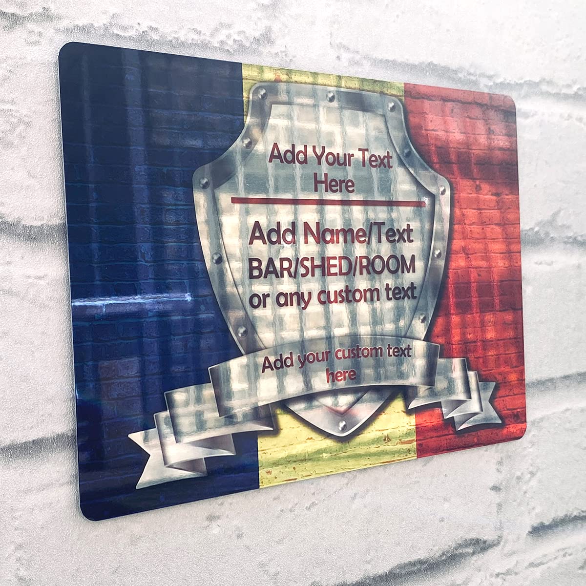 Shopquality4u Romanian Bar Sign Personalised Mirror Bar Sign - Romania Romanian Flag Printed Metal Mirror Sign Wall Art A5 Bar Add Name (20X14cm)