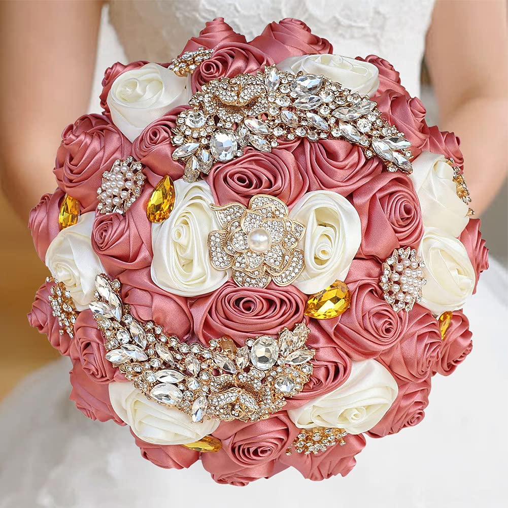 Ramo de novia de satén marfil rosas rosa blush y diamantes de imitación W375G