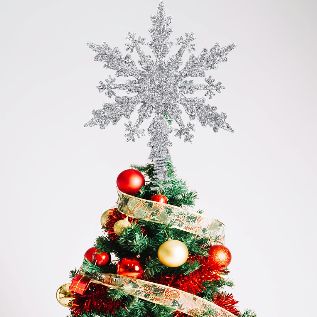 Étoile De Sapin De Noël à Paillettes - Forme Flocon De Neige, 21 Cm - Or Ou Argent - Base En Spirale Pour Fixation Facile - Décoration Cime De Sapin