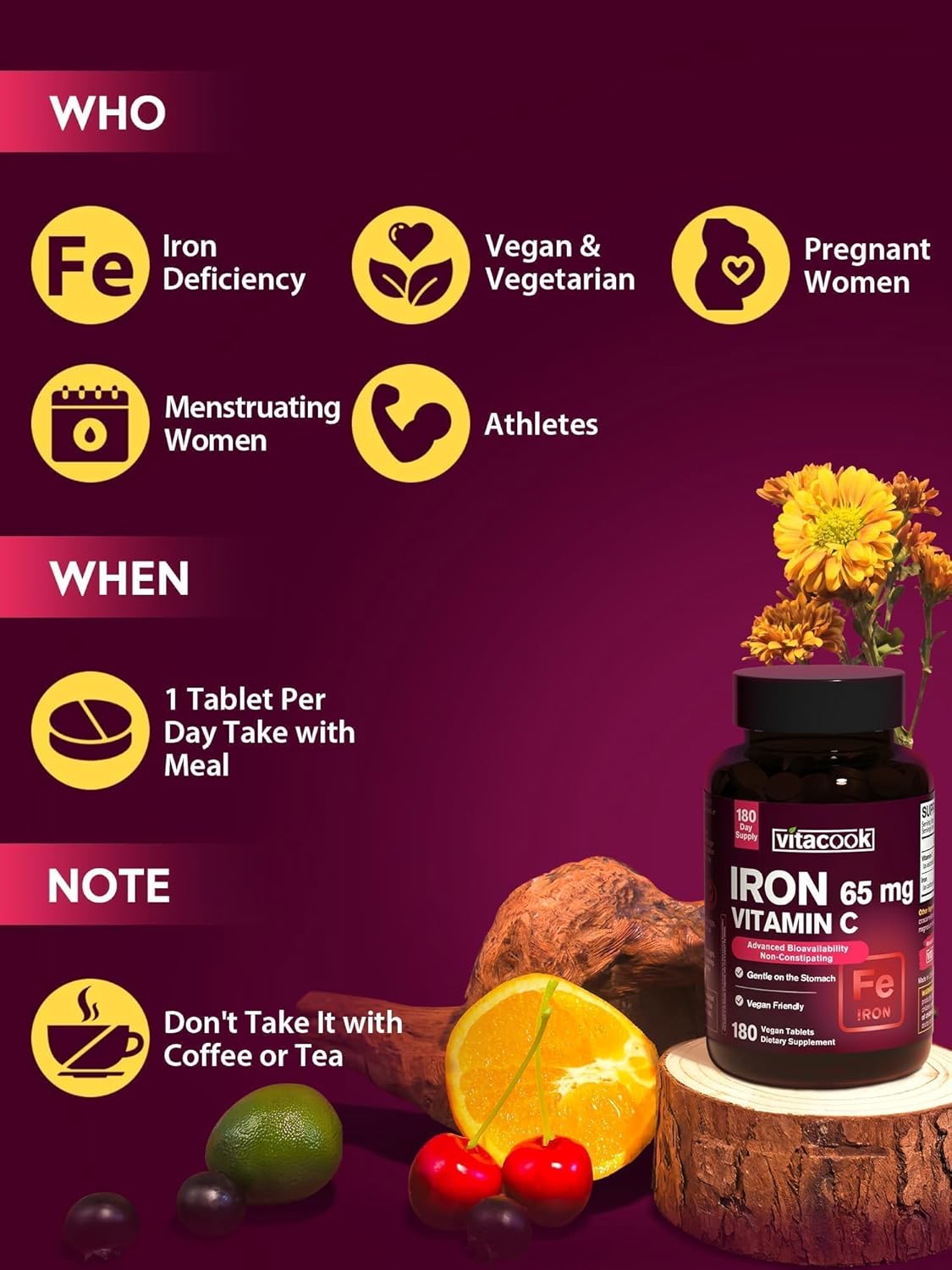 Iron Supplement for Women Men, High Potency Iron 65mg with Vitamin C 250mg, Stomach Friendly Iron Pills for Red Blood Cell & Immune Support, Vegan, Non-GMO & Gluten Free, 180 Tablets