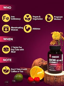 Iron Supplement for Women Men, High Potency Iron 65mg with Vitamin C 250mg