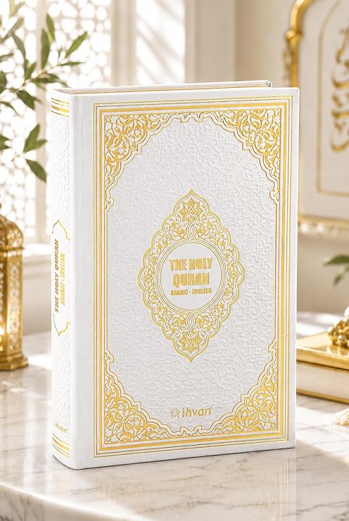 ihvan online Holy Quran Arabic & English Translation,Thermo Leather Hardcover, Easy-to-Read Script, QR Code Audio Support, Islamic Gift for Ramadan, Eid, Hajj & Umrah, White, 6.7'' X 9.5''