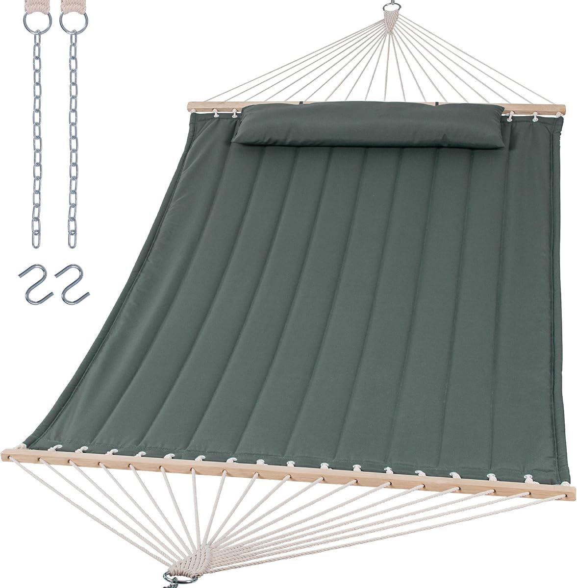 Extra Large Outdoor Portable Hammock, Gray Green | Double Hammock for 2 Person with Hardwood Spreader Bar, Soft Pillow, 475 lbs Capacity