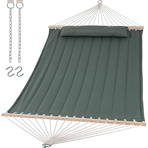 SUNCREAT Double Hammock for 2 Person, Extra Large Outdoor Portable Hammock with Hardwood Spreader Bar, Soft Pillow, 475 lbs Capacity, Gray Green
