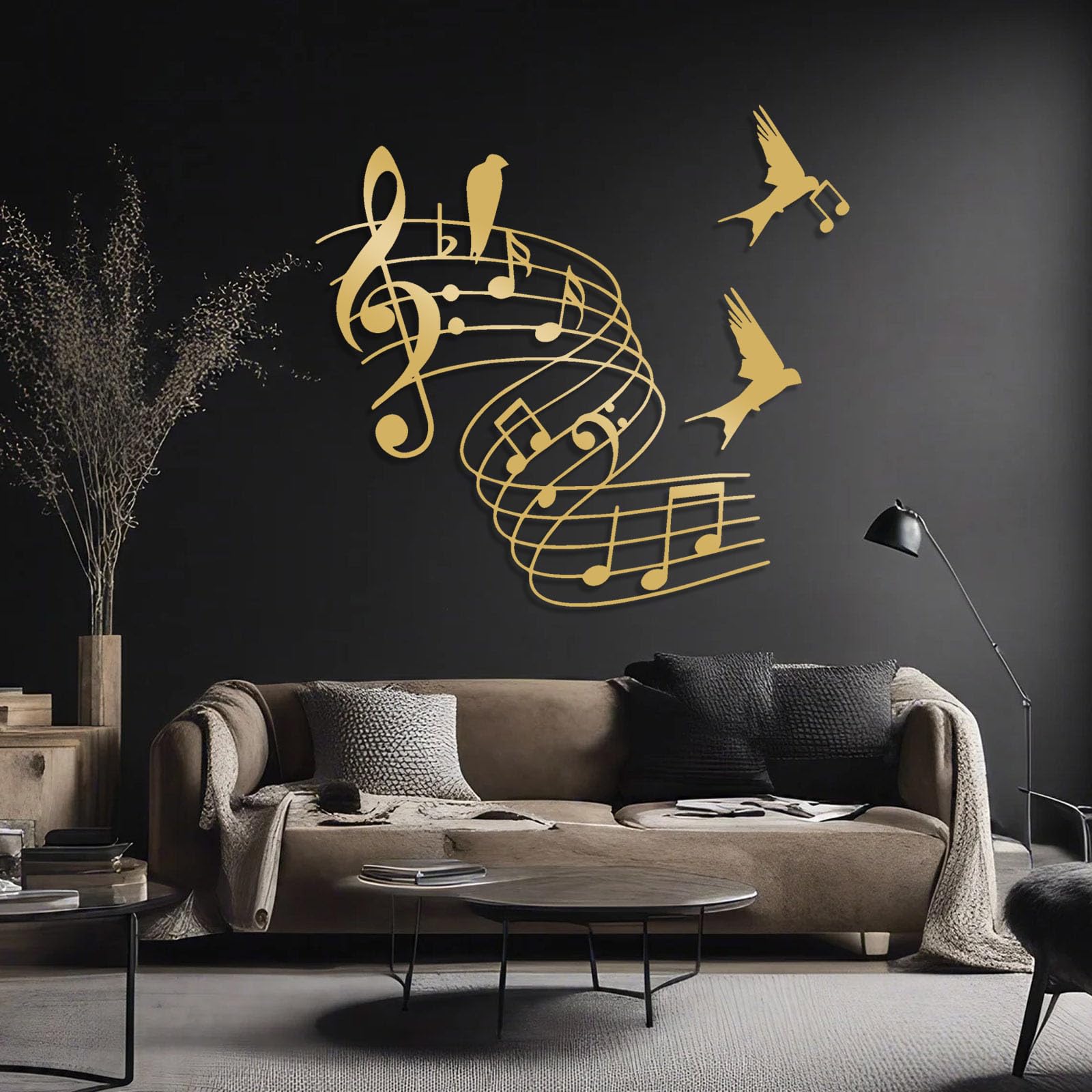 Decoración de pared abstracta contemporánea de metal con motivos musicales y de pájaros, arte musical, decoración musical, arte con partituras de pájaros, letrero temático, obra de arte de estudi