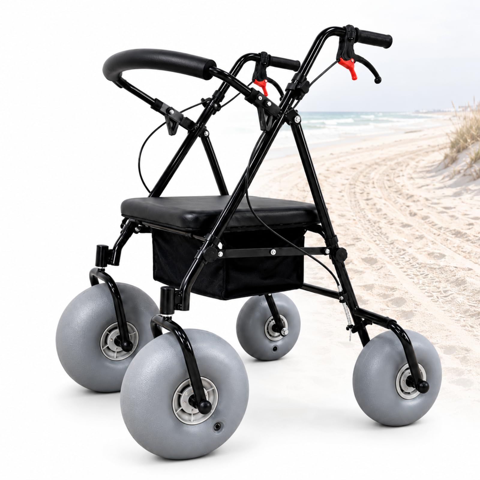 Silla De Ruedas De Playa con Neumáticos Anchos, Andador Todoterreno con Asas Ajustables, Asiento Impermeable Y Transpirable, Apto para Agua Salada Y con Capacidad para 100 Kg (220 LB) En Arena