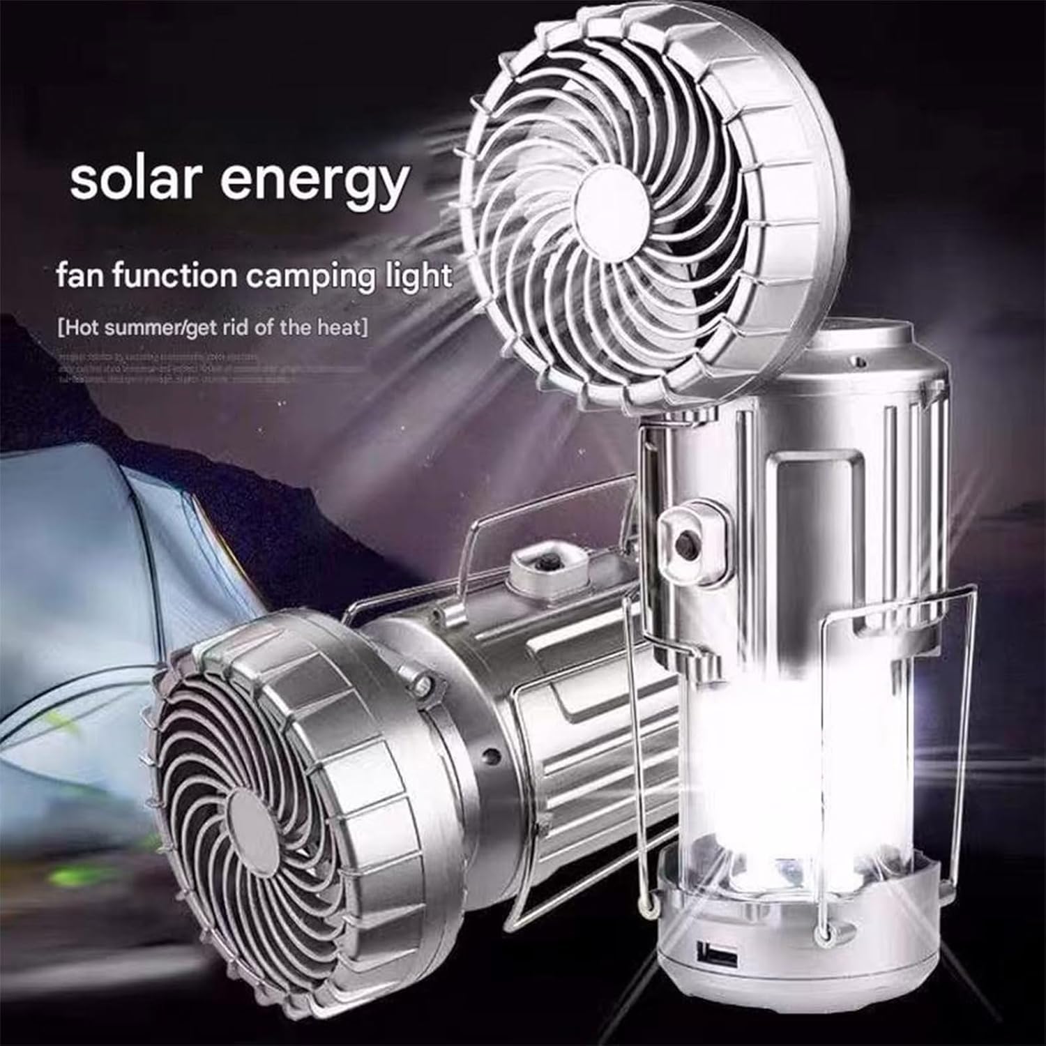 Linterna de camping, linterna LED portátil 5 en 1 con ventilador, plegable, funciona con energía solar, recargable por USB, luces colgantes de emergencia para tienda de campaña, senderismo (2