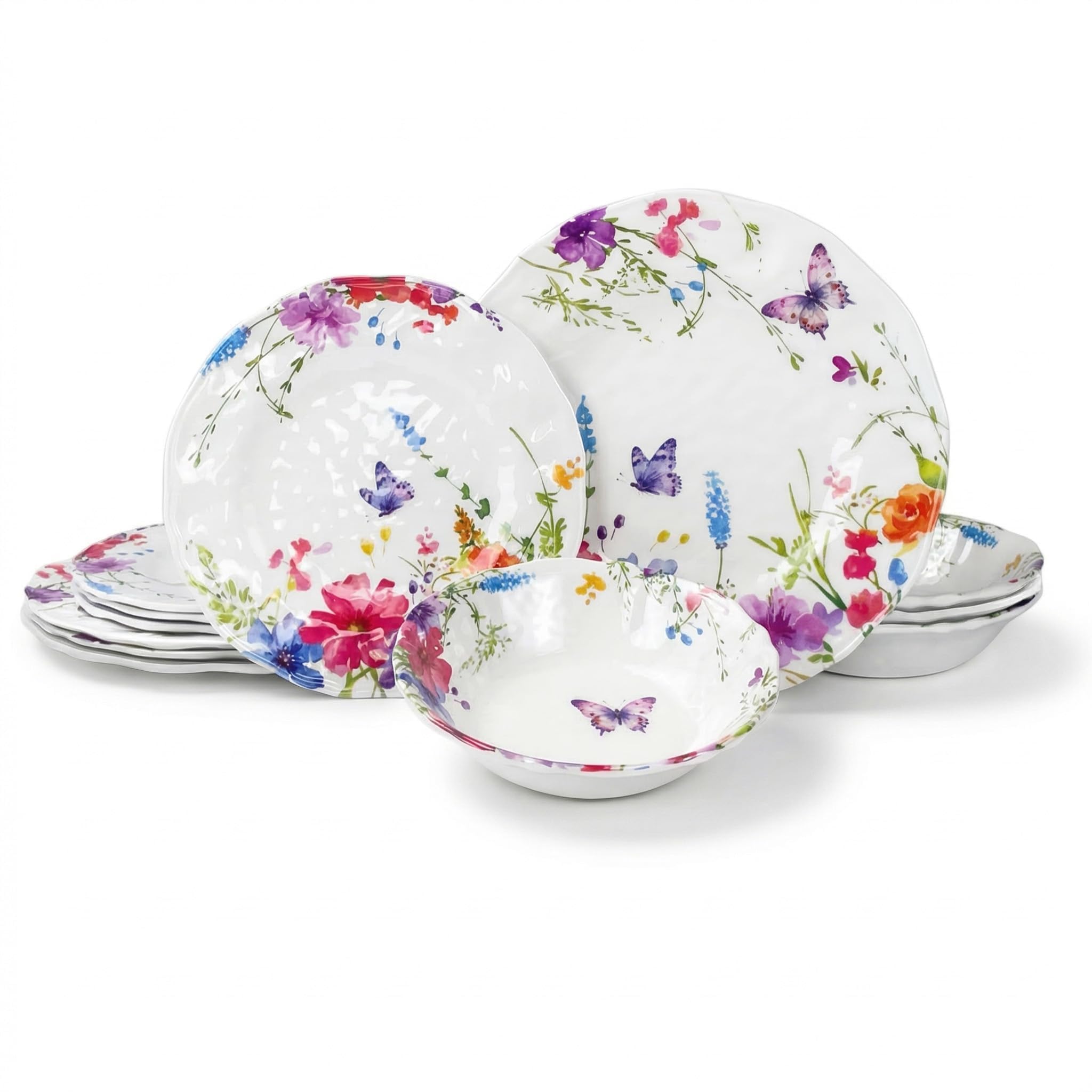 Photo 1 of Lynnsen 12-Piece Floral Butterfly Melamine Dinnerware Set for 4