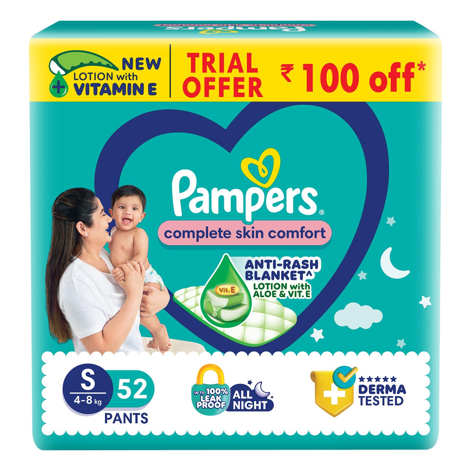 Pampers Complete Skin Comfort Pants, Anti-rash blanket, Lotion with Vitamin E & Aloe Vera, Small size baby diapers (SM) 52 Count, 4-8 kg