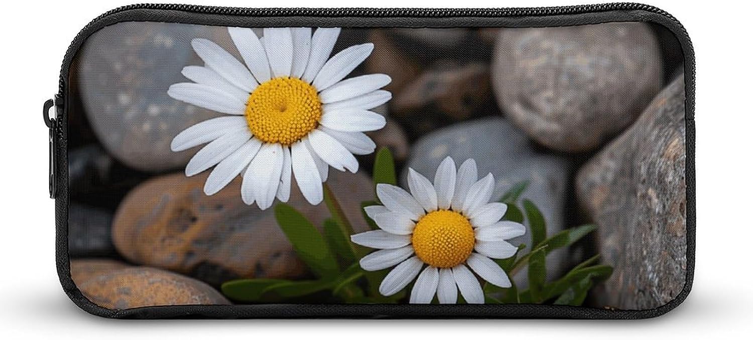 Daisies And Rocks Large Pencil Case, Pencil Pouch with Zipper