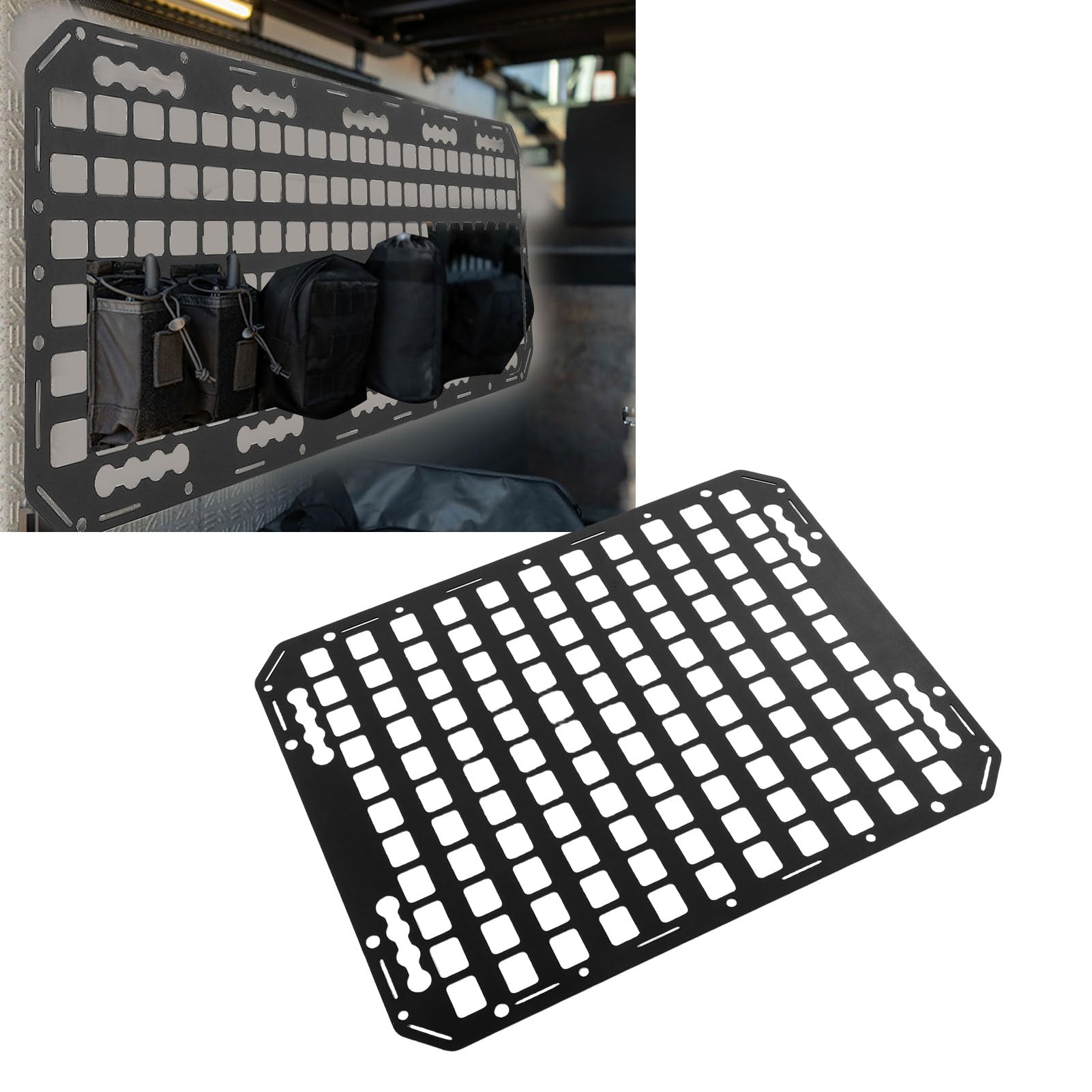 Fockety Panel Molle do skrzyni ładunkowej, aluminiowy organizer do przechowywania z elastycznymi klamrami linowymi, bagażnik sedanów, SUV-ów, pickupów, ciężarówek, kamperów i przyczep