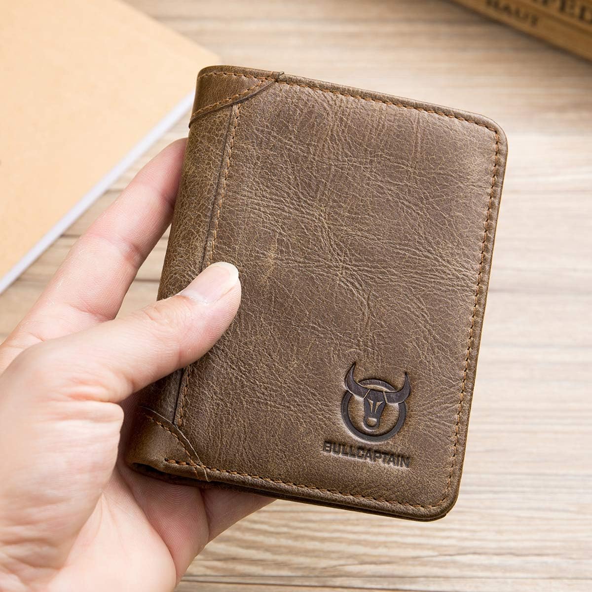 BULLCAPTAIN 2 ID Windows Mens Wallets Slim RFID Blocking Genuine Leather Wallet QB031 (Brown)