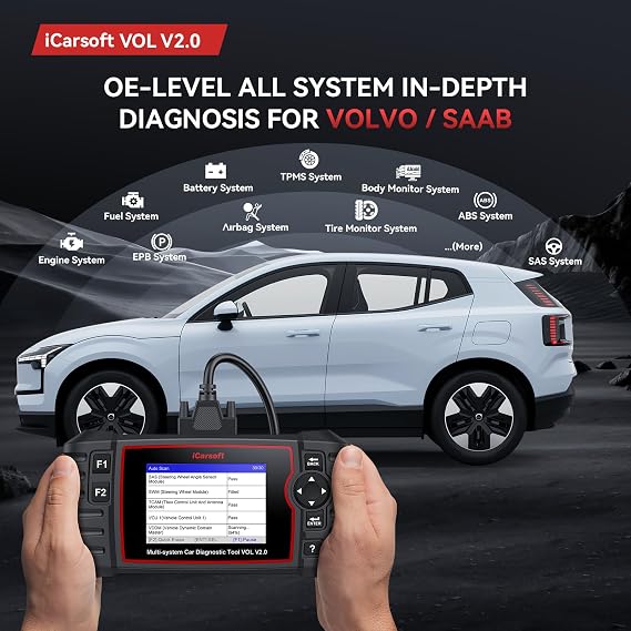 iCarsoft Car Diagnostic Tool VOL V2.0 for SAAB/Volvo, Full System OBD2 Scanner with 9 Reset Function, Oil/SAS/EPB/BMS/ETC/INJ, CAN-FD Supported- Lifetime Free Update