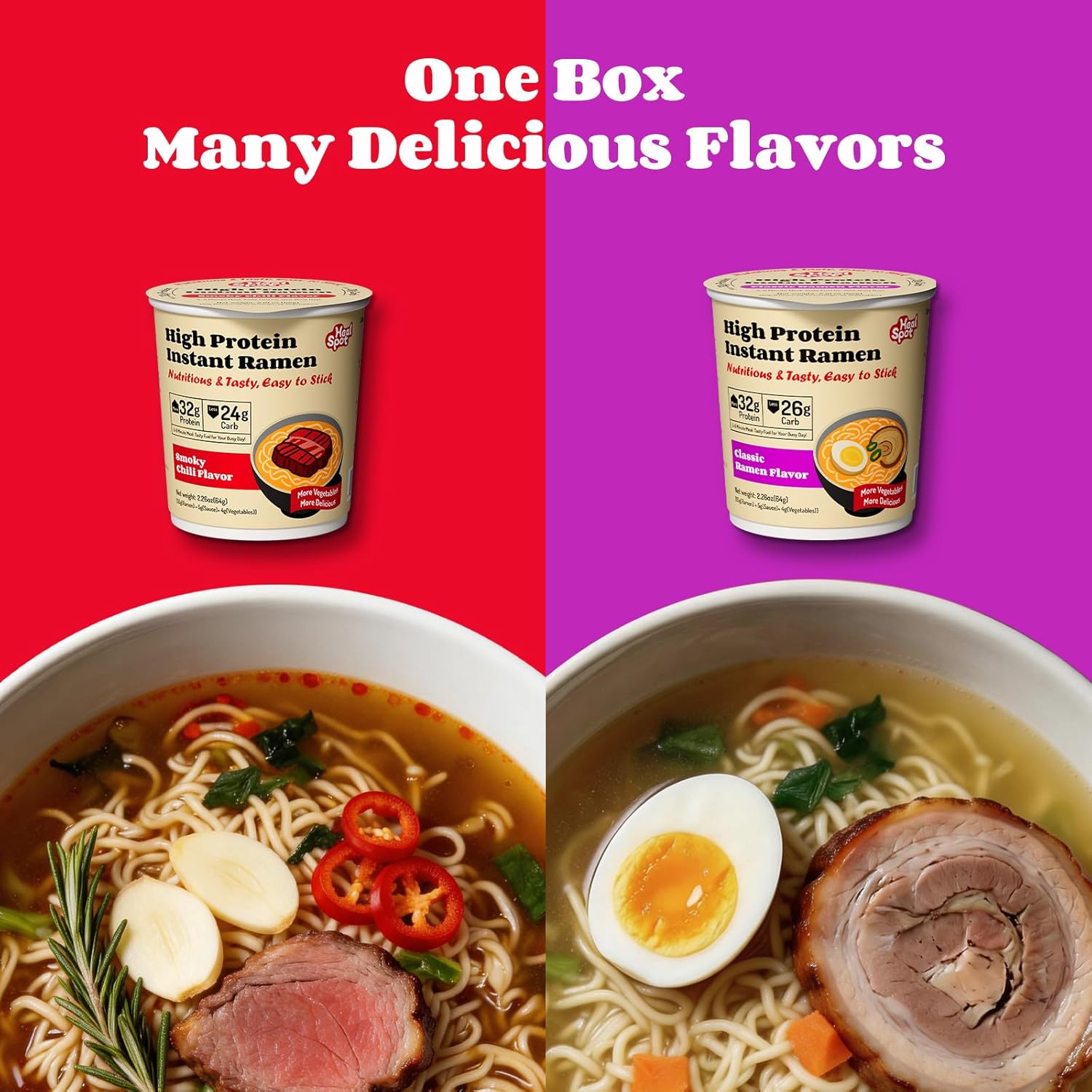 HealSpot High Protein Instant Ramen Variety Pack (6 Cups) - 32g Plant-Based Protein, Non-Fried, Low Carb, Keto & Vegan Friendly (Smoky-Beef/Classic-Pork) | 50% Protein, Keto Friendly, Vegen Friendly, Healthy Quick Meal
