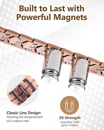 Miniatura 3 de Feraco Pulsera de cobre para hombre, 3 veces más fuerza, pulsera de terapia magnética, joyería de cobre con potentes imanes de 3800 Gauss