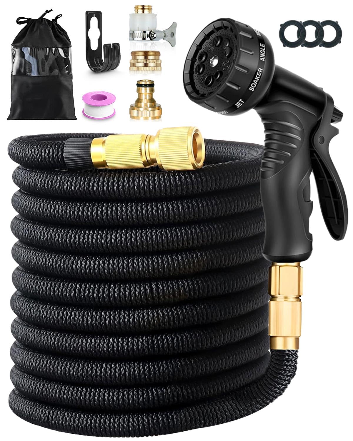 150FT Expandable Garden Hose Pipe, Leakproof Expanding Hose with 4-Layer Latex Core, 10 Spray Patterns, Metal 1/2'' & 3/4'' Connectors, Flexible for Garden Watering, Car Washing & Pet Cleaning, Black