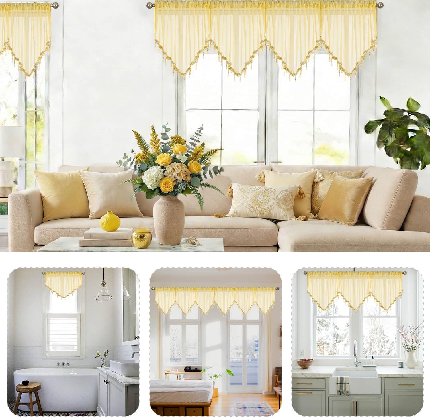 WUBODTI Yellow Sheer Valance Curtains for Living Room Windows, Boho Crystal Beaded Tassel Triangle Kitchen Curtains Lace Swag Curtain Valance for Bedroom Bathroom Door Decor,3PCs, Each W51 x L24