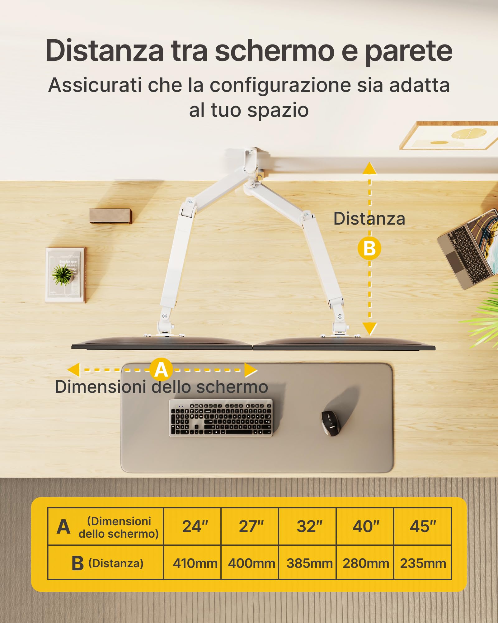 monTEK Supporto da parete per 2 monitor per schermi da 17-35 pollici, fino a 9 kg per braccio, inclinabile, girevole, regolabile in altezza, completamente mobile, VESA 75/100 mm, bianco